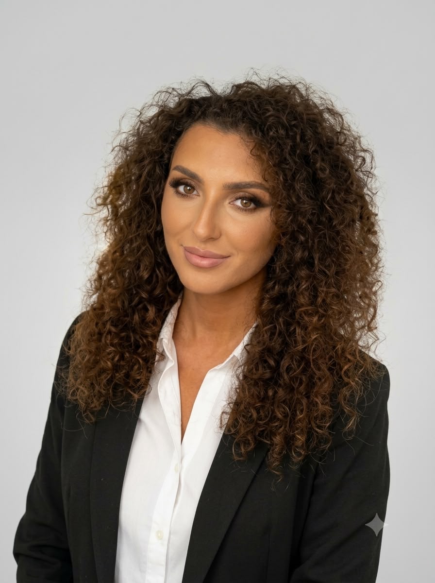 A professional headshot of Flaureta Neziri, featuring a friendly and professional educator. She is in a well-lit, contemporary academic setting with glass walls and green plants in the background. The style is modern minimalist with a high-contrast focus on the subject, representing Level-Up Academy's energetic yet structured environment.