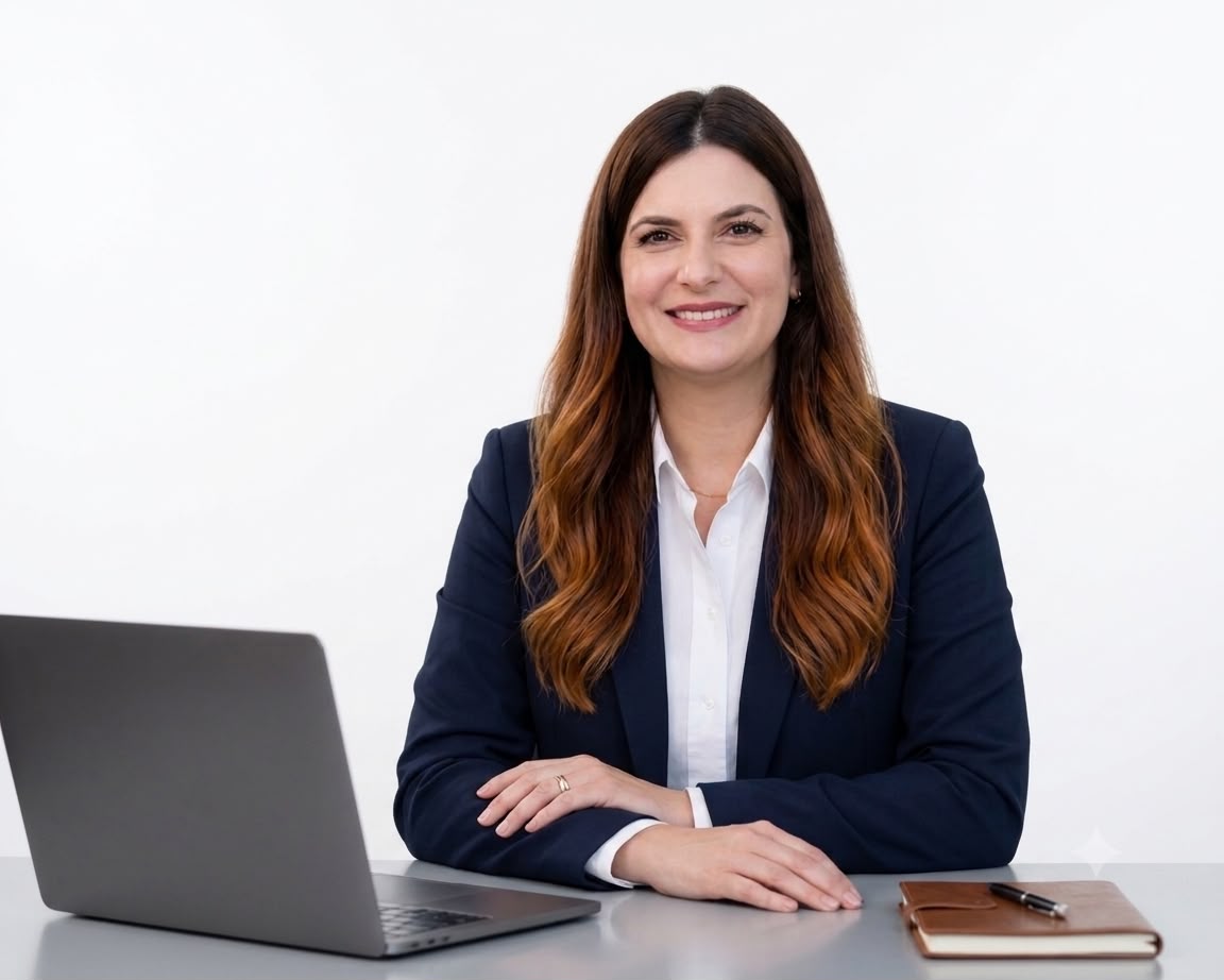 A professional portrait of Fitore Dragaj, an academic expert with a bright and welcoming smile. She is dressed in elegant business attire, positioned in a bright, minimalist educational environment with a shallow depth of field. The lighting is soft and natural, emphasizing a professional yet accessible personality consistent with high-tier education.